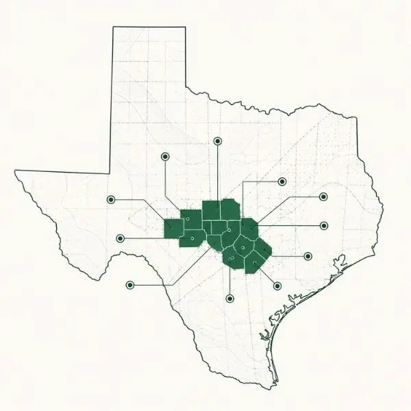 Regional map highlighting the 12-county Texas Hill Country OSSF monitoring zone, including Hays, Kendall, Blanco, Gillespie, and surrounding coverage counties.